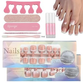 Virellay 120 Piece Press on Nails Set with Tools - French Square Artificial for Women - Full Cover Acrylic Artificial Toenail Tips (Nude (01+06), 240 Pieces)
