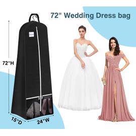 SLEEPING LAMB 72'' Bridal Wedding Gown Dress Garment Bag 15'' Gusseted Garment Cover Shoe Pockets Travel Garment Storage Bag for Prom, Evening Gowns, Black