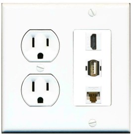 Wallplate City 15 Amp Round Power Outlet 1 X HD 1 USB A-A 1 CAT6 Ethernet Wall Plate