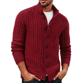 PJ PAUL JONES Men's Cardigan with Buttons and Cable Knit Chunky Knit Stand-Up Collar Cardigan, red, XXL