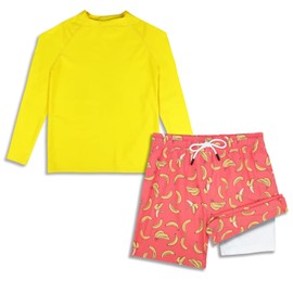 MILANKERR 4t Swim Trunks Boys with Compression Liner with Kids Rash Guards Long Sleeve Swim top UPF 50+ Quick Dry Orange Branana
