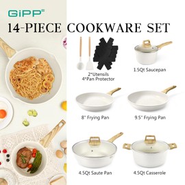 GiPP Pots and Pans Set Non Stick - 14 Pcs White Granite Kitchen Cookware Sets Nonstick Induction Cookware Cooking Pan Set with Frying Pans, Saucepans and Silicone Utensils, PFOS & PFOA Free