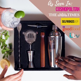 Rusty Barrel Mayfair Original Cocktail Shaker Set - Complete Cocktail Making Set with Manhattan Shaker, Strainer, Muddler, Jigger, Pourer, Spoon & Recipe Book - Beautifully Presented Cocktail Gift Set