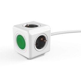 Power Cube Switch Extended, Switchable 4-Way Socket Cube with Integrated 1.5 m Cable, Great for Power-Saving, Green/Grey/White
