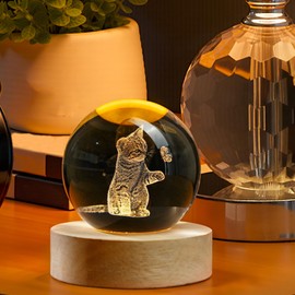 LOULIQIGIFT 2.3in Crystal Ball 3D Glass Engraved Cat Decorative Night Light with Wooden Light Base for Cat Lovers