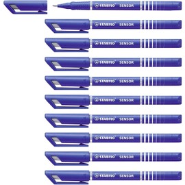 Stabilo Set of 10 Sensor Fineliner Pens 0.3 mm Felt Nib Blue