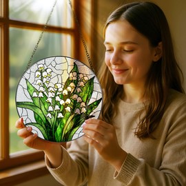 Lily of The Valley Flower Stained Glass Suncatcher, Stained Glass Window Hanging, 8 Inch Green Plants Suncatcher Decor, Gifts for Mother's Day, Mom Gift, Grandma Gift, Gifts Idea