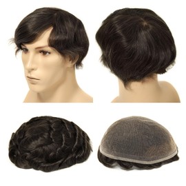 Topunique Swiss Lace Human Hair System for Men, #210 Dark Brown with 10% Gray Hair 110% Medium Density 8x10 Inch Base Size Single-Knotted Invisible Hairline Toupee