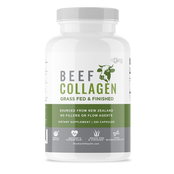 One Earth Health Grass Fed Beef Collagen - New Zealand Sourced Natural Collagen Supplement. (Types I, II, III, V and X) 3,000mg per Serving, 200 Count