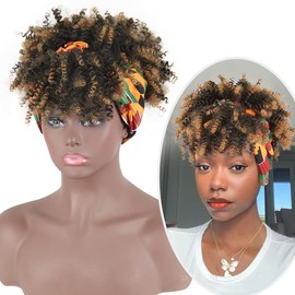 LEOSA Short Afro Kinky Curly Wigs for Black Women Natural Black Curly Headband with Bangs Synthetic Curly Wigs with Head Wrap 2 in 1 for Women Curly Full Scarf Wigs