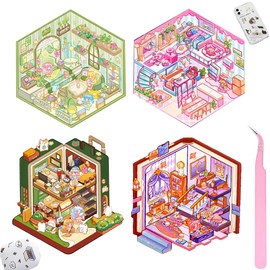 4 Sets 3D Sticker Scene, 3D House Stickers, Sticker Scene, 3D Stickers, Fun DIY Stickers Scene Make Your Own Astrology Bookstore, Home Sweetheart, Forest Story, Travel Diary (with Tweezers)