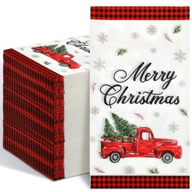 Geyoga 100 Pcs Christmas Truck Guest Napkins 2 Ply Guest Towels Disposable Hand Towels Decorative Paper Napkin for Buffet Kitchen Bathroom Birthday Bridal Baby Shower Wedding