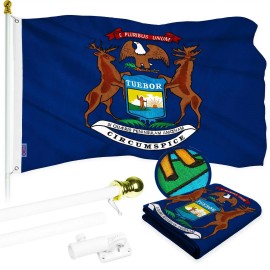 UD_G128 Combo Pack: 6 Ft Tangle Free Aluminum Spinning Flagpole (White) & Michigan MI State Flag 3x5 Ft, ToughWeave Series Embro