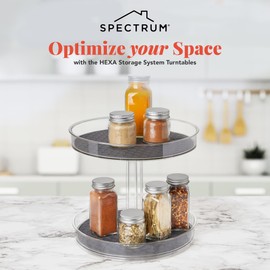Spectrum 2 Tier Lazy Susan Hexa Kitchen Organizer Charcoal Gray Two Shelf Spinning Rotating Turntable for Deep Cabinet Countertop Refrigerator Pantry Table Under Sink Spice Rack Storage 9.25 Inch