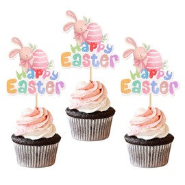 Ercadio 24 Pack Happy Easter Cupcake Toppers Picks Rabbit Cupcake Toppers for Easter Theme Spring Birthday Baby Shower Party Decoration Supplies
