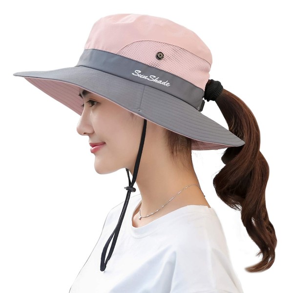 Sun Hat, Women's Hat, UV Protection, Ponytail, Outdoor Hat, Safari Hat, For Work, Bicycle Hat, Wide Brim, Women's Cap, Foldable, 2-Way Wear, Gray & Pink