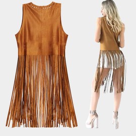 YADODO Hippie Costume - Fringe Vest - Sleeveless - For Girls - 60s and 70s Style - Brown - with Fringes - Leather (XL), brown