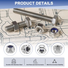 M METERXITY 200-Pack Nylon Insert Hex Lock Nuts, M2 x 0.4mm Thread 304 Stainless Steel Self-Locking Locknuts Hexagon Nut Metric Nuts for Machinery/Home Repair/Industrial Fasteners