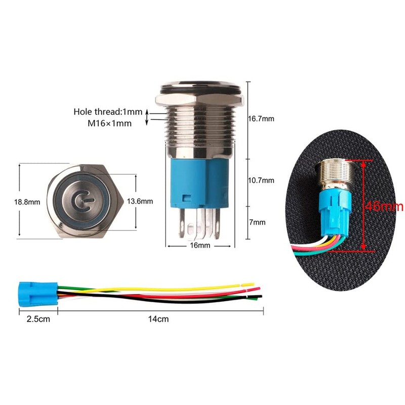 Gebildet 0.63''/16mm Stainless Steel Latching Push Button Switch 12V-24V/5A Power
