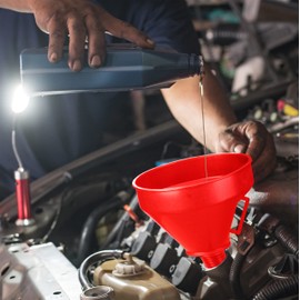 Relaxdays Funnel Set, 5 Sizes, Universal Funnel with Hose and Strainer, Car Oil Funnel and Kitchen Funnel, Red