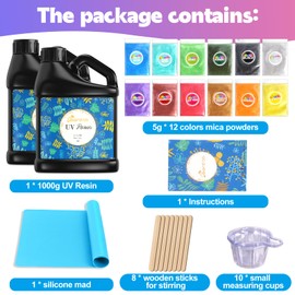 Bsrezn 2000g Bulk UV Resin Kit Hard, Crystal Clear Large UV Cure Epoxy Resin Kit Premixed Resina UV Transparent Solar Activated Glue for Jewelry Making Fast Curing 2KG with 12 Colors Mica Powder