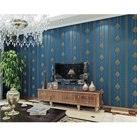 Q QIHANG 1.73' W x 32.8'L 3D Embossed Damask Printing Modern Minimalist European Style Bedroom TV Background Non-Woven Non-Pasted Wallpaper (B Blue)