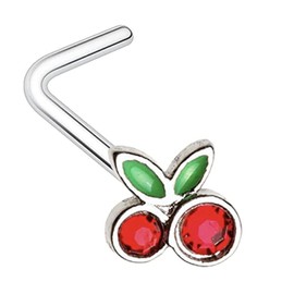 Amelia Fashion 20 Gauge Pretty Cherry L-Shape Nose Ring 316L Stainless Steel (Red & Green)