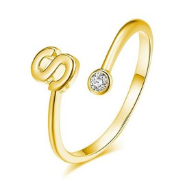 Initial Letter Ring for Women Girls Gold A-Z Letter Ring Stainless Steel Adjustable Opening Ring Dainty Inlaid Crystal Jewelry Stocking Stuffers (S-Gold)