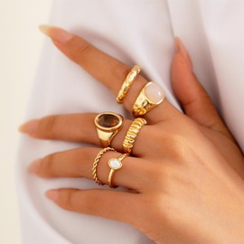 6Pcs Gold Chunky Stackable Statement Rings Set for Women Unique Dainty Stack Crystal Ring Vintage Punk Rhinestone Gem Jewelry Pack Accessories Gifts (Gold)