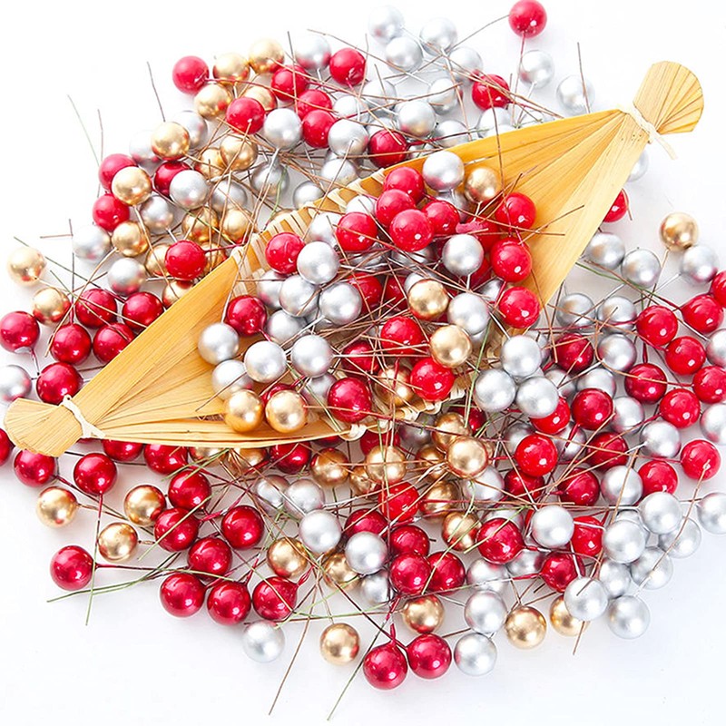 300 Pcs Christmas Holly Berries Red Gold and Silver Artificial