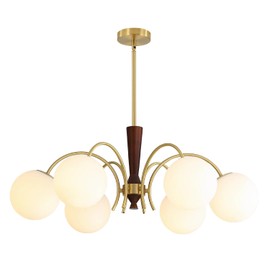 BOKT Milk Glass Ball Chandelier Modern 6-Light Sputnik Chandelier Kitchen Island Wood Sputnik Hanging Light Mid Century Brushed Brass White Pendant Light Fixtures for Living Room Farmhouse