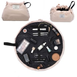 The Flat Lay Makeup Bag - Travel Make Up Organiser for Cosmetics, Eyeshadow, Make-Up Brushes, Lipstick & Tools - Drawstring Bag Storage for Skin Care & Toiletries with Brush Holder & Large Pockets