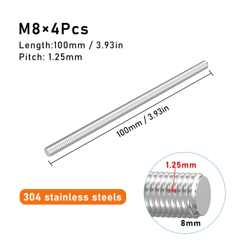 SCOOYUCK Pack of 4 Fully Threaded Rod M8 × 100