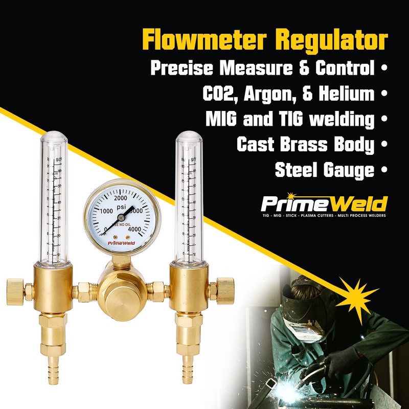PrimeWeld Welding Flow Meter Regulator, CO2, Argon, Helium, Dual Meter,