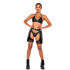 Roma Women's Standard Studded Vinyl Bikini Top with Fringe for Rave/Festival, Black, Small