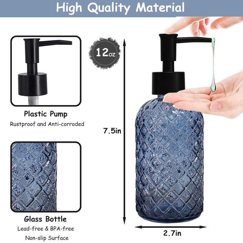 Blue Glass Dish Soap Dispenser for Kitchen, 12oz Refillable Liquid