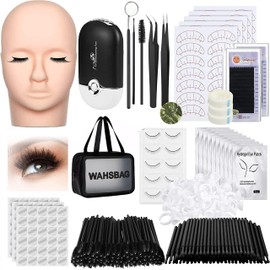 Lash Extension Practice Kit, Eyelash Extension Training Kit for Beginners, Professional Eyelash Mannequin Head Set with Lash Fan, Lash Shampoo, Lash Adhesive, Glue Rings and Lash Mirror (Black)