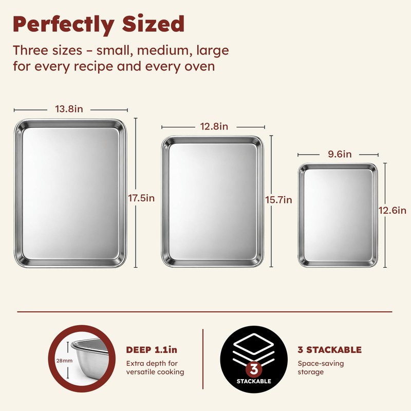 Baking Sheet Set of 3: Stainless Steel Cookie Sheets for