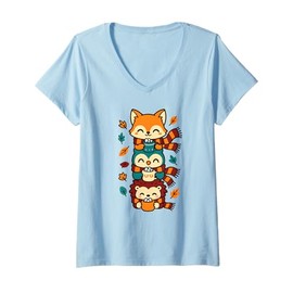Womens Fall Weather Fox Owl Hedgehog Scarf Hot Cocoa Design V-Neck T-Shirt