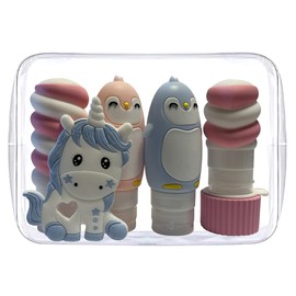 Botellas Silicona de Viaje Suaves Apachurrables Cero Fugas Juguetes libres BPA Set Limpieza Personal Uso Diario Aprobado TSA Kit Contenedores 4 pzas + Regalo Cosmetiquera con Mordedera (Unicornio)