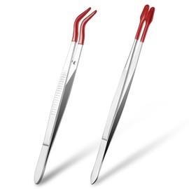 Gjinxi 2PCs Tweezers with Rubber Tips, PVC Rubber Coated Tweezer Set, Rubber Long Bent Tip Tweezer and Straight Flat Tip Tweezer for Crafts Stamp Coins Jewelry Hobby Industrial Tweezers Tools