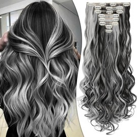 Fanguilar Clip in Hair Extensions 24 Inch 8PCS Natural Black Mix Silver Grey Long Wavy Synthetic Hair Extensions Clip ins Thick Double Weft Extensions for Women