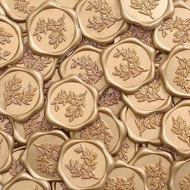 UNIQOOO Wax Seal Stickers - Eucalyptus Wedding Invitation Envelope Seal Stickers, 50 Pcs Self- Adhesive Prosecco Metallic Light Gold Stickers, Perfect for Invitation, Christmas, Gift Wrapping