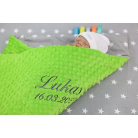 BotoBaby ★ Double Layer Baby Blanket with Name and Date Embroidered ★ Minky ★ Cotton ★ Filling ★ (Green - Stars 3, 75 x 100 cm)