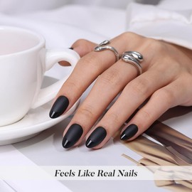Soft Gel Black Press on Nails Almond - SHANGMENG Short Nails with Glossy French Tips in a Matte Finish, Stick on Nails with Glue in 16 Sizes - 32 Reusable Fake Nails for Women, Matte Black