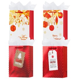 OFIHANLY 4 Pack 16.5" Large Size Merry Christmas Gift Bags with Handles for Xmas Holiday Presents Red&Gold Paper Wrapping Bag with Tissue Paper