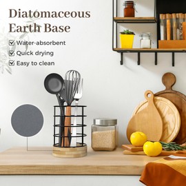 hardcometrue 2Pcs Utensil Holder for Kitchen Counter,Cooking Utensil Holder Organizer with Diatomaceous Earth Base Prevents Water Buildup, Metal Spatula Holder Round Cutlery Holder