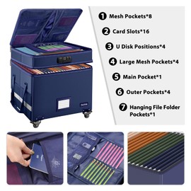 DocSafe File Box with Lock, 2-Layer Fireproof Document Box with Wheels,Collapsible File Storage Organizer with Pockets,Large Portable Office Filing Cabinet Hanging Folders,Blue,16''x13.8''x12.2''