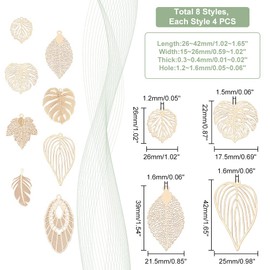 PandaHall Pack of 32 8 Style Tree Leaf Charms, Brass Monstera Leaf Pendant, Filigree Etched Maple Leaf for Necklace, Earrings, Jewellery Making, Key Ring, Bag Decoration, Light Gold, Brass
