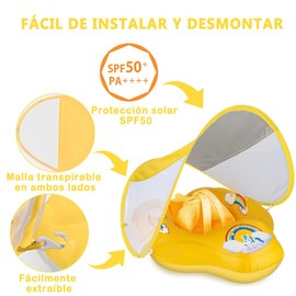 XIAOYANGKEJI Flotador de Piscina para Niños, Flotador Inflable con Asiento de Seguridad y Toldo Solar Desmontable, Protección Solar UPF50+, Piscina para Niños Incluida Bomba Manual (Amarillo)